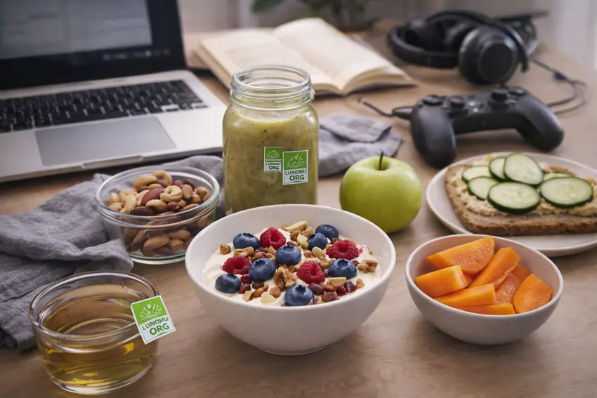 Luomuvälipalat kotona koneen äärellä